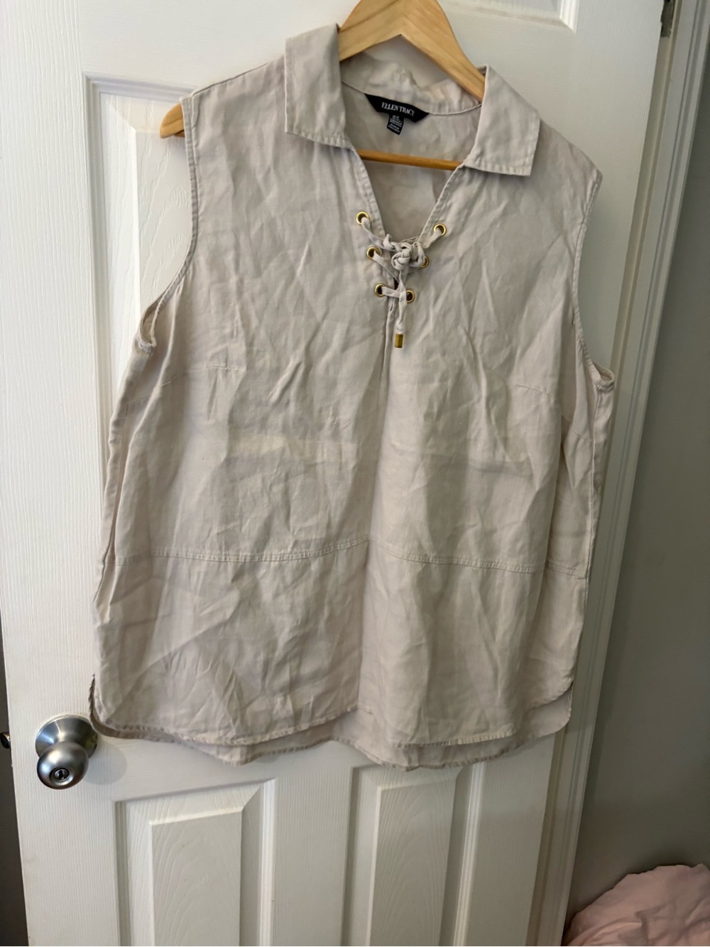 Ellen Tracy linen sleeveless shirt size 1X oatmeal off white gold tie front